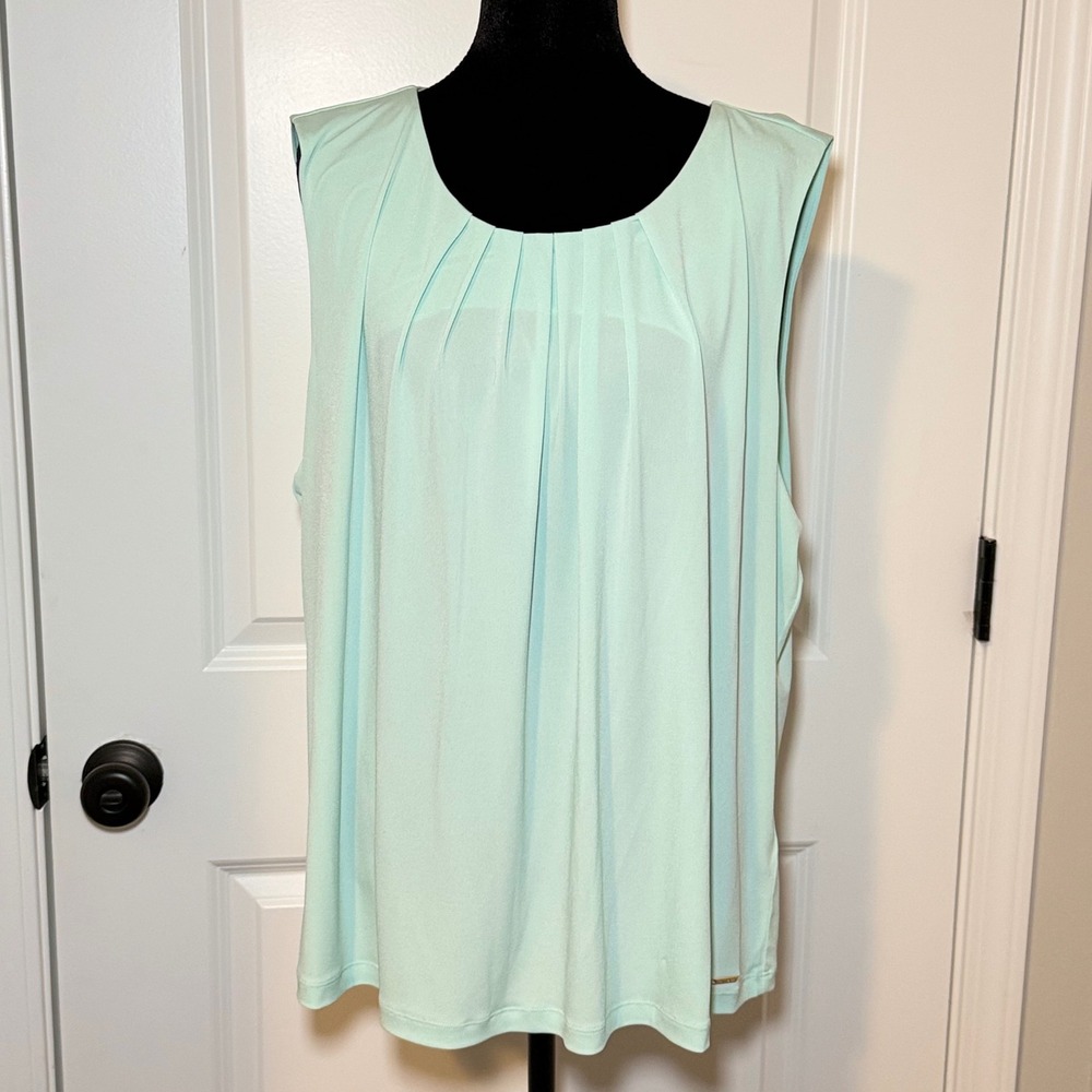 Calvin Klein Mint Green Pleated Neck Sleeveless Blouse Top 3X Plus Size